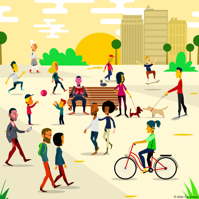 illustration de personnage dans la ville faisant des activités marche et vélo