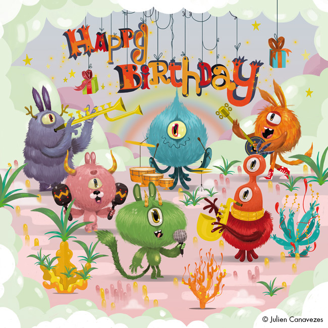 Birthday card with little monsters