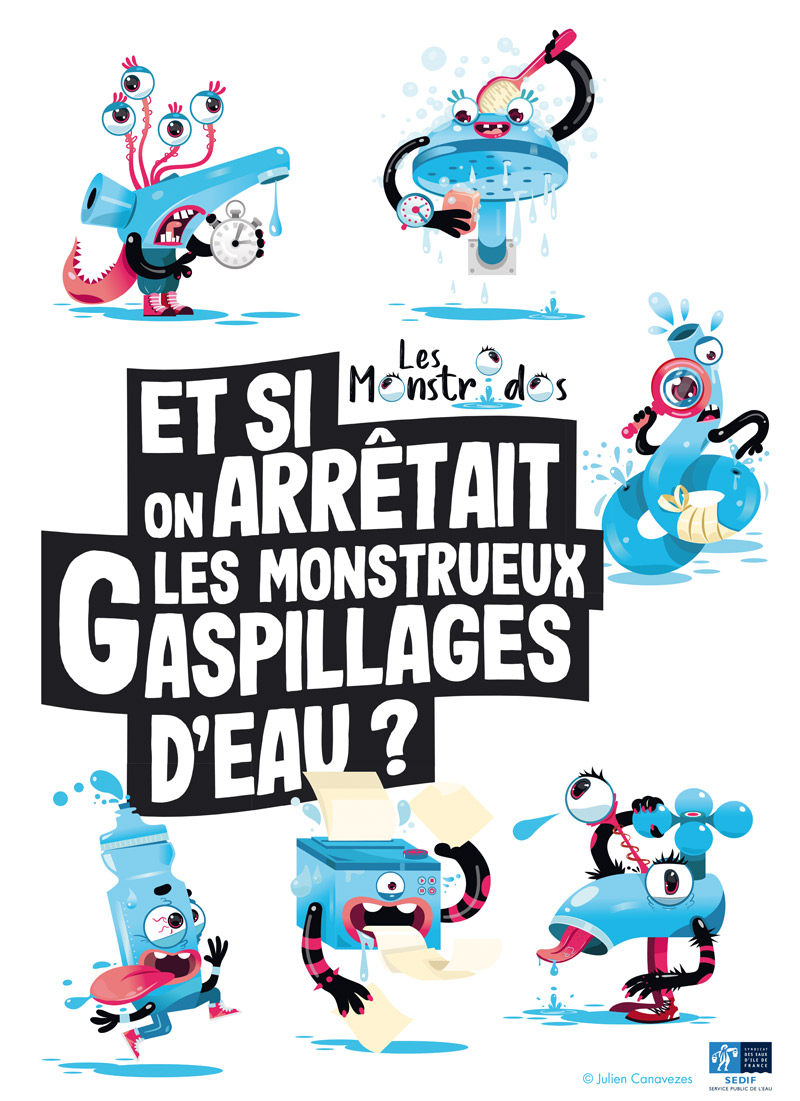 affiche pédagogique illustration sur le traitement et le gaspillage de l'eau